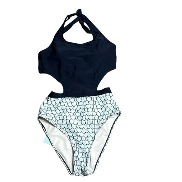 Cupshe Navy Blue Halter Bathing Suit Middle Cutout Padded Top Size Large - Picture 1 of 10